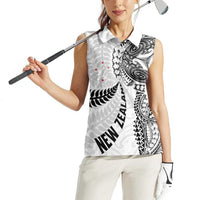 Aotearoa Volleyball Custom Women Sleeveless Polo Shirt Silver Ferns and Maori Tribal White