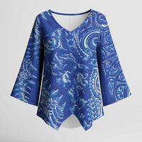 New Zealand Sea Animals Kimono Sleeve Blouse with Maori Koru Tribal Tattoo and Silver Ferns Aquatic Style LT03 Female Navy - Polynesian Pride