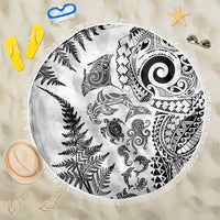 New Zealand Sea Animals Beach Blanket with Maori Koru Tribal Tattoo and Silver Ferns White Color LT03 One Size 150cm White - Polynesian Pride