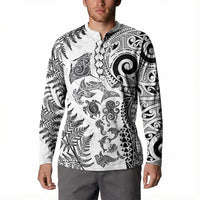 New Zealand Sea Animals Button Sweatshirt with Maori Koru Tribal Tattoo and Silver Ferns White Color