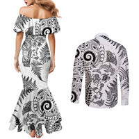 New Zealand Sea Animals Couples Matching Mermaid Dress and Long Sleeve Button Shirt with Maori Koru Tribal Tattoo and Silver Ferns White Color LT03 - Polynesian Pride