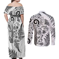 New Zealand Sea Animals Couples Matching Off Shoulder Maxi Dress and Long Sleeve Button Shirt with Maori Koru Tribal Tattoo and Silver Ferns White Color LT03 - Polynesian Pride