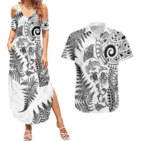 New Zealand Sea Animals Couples Matching Summer Maxi Dress and Hawaiian Shirt with Maori Koru Tribal Tattoo and Silver Ferns White Color LT03 White - Polynesian Pride