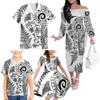 New Zealand Sea Animals Family Matching Off The Shoulder Long Sleeve Dress and Hawaiian Shirt with Maori Koru Tribal Tattoo and Silver Ferns White Color LT03 - Polynesian Pride