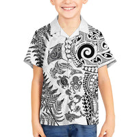 New Zealand Sea Animals Family Matching Puletasi and Hawaiian Shirt with Maori Koru Tribal Tattoo and Silver Ferns White Color LT03 Son's Shirt White - Polynesian Pride