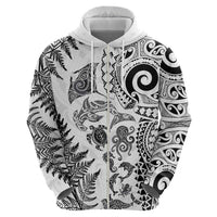 New Zealand Sea Animals Hoodie with Maori Koru Tribal Tattoo and Silver Ferns White Color LT03 - Polynesian Pride