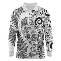 New Zealand Sea Animals Long Sleeve Polo Shirt with Maori Koru Tribal Tattoo and Silver Ferns White Color LT03 White - Polynesian Pride