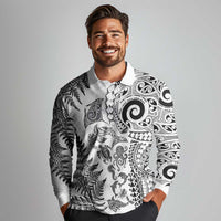 New Zealand Sea Animals Long Sleeve Polo Shirt with Maori Koru Tribal Tattoo and Silver Ferns White Color LT03 - Polynesian Pride