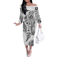 New Zealand Sea Animals Off The Shoulder Long Sleeve Dress with Maori Koru Tribal Tattoo and Silver Ferns White Color LT03 Women White - Polynesian Pride