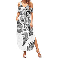 New Zealand Sea Animals Summer Maxi Dress with Maori Koru Tribal Tattoo and Silver Ferns White Color LT03 Women White - Polynesian Pride