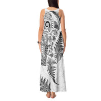New Zealand Sea Animals Tank Maxi Dress with Maori Koru Tribal Tattoo and Silver Ferns White Color LT03 - Polynesian Pride