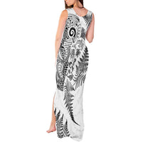 New Zealand Sea Animals Tank Maxi Dress with Maori Koru Tribal Tattoo and Silver Ferns White Color LT03 - Polynesian Pride