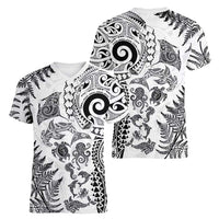 New Zealand Sea Animals Women V-Neck T-Shirt with Maori Koru Tribal Tattoo and Silver Ferns White Color LT03 - Polynesian Pride