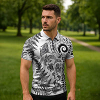 New Zealand Sea Animals Zipper Polo Shirt with Maori Koru Tribal Tattoo and Silver Ferns White Color LT03 - Polynesian Pride