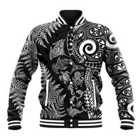 New Zealand Sea Animals Baseball Jacket with Maori Koru Tribal Tattoo and Silver Ferns Black Color LT03 Unisex Black - Polynesian Pride