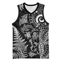 New Zealand Sea Animals Basketball Jersey with Maori Koru Tribal Tattoo and Silver Ferns Black Color LT03 Unisex Black - Polynesian Pride