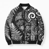 New Zealand Sea Animals Bomber Puffer Jacket with Maori Koru Tribal Tattoo and Silver Ferns Black Color LT03 Unisex Black - Polynesian Pride