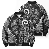 New Zealand Sea Animals Bomber Puffer Jacket with Maori Koru Tribal Tattoo and Silver Ferns Black Color LT03 - Polynesian Pride