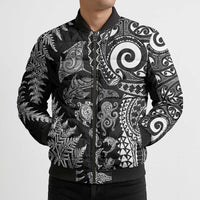 New Zealand Sea Animals Bomber Puffer Jacket with Maori Koru Tribal Tattoo and Silver Ferns Black Color LT03 - Polynesian Pride