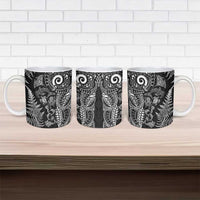 New Zealand Sea Animals Ceramic Mug with Maori Koru Tribal Tattoo and Silver Ferns Black Color