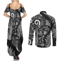 New Zealand Sea Animals Couples Matching Summer Maxi Dress and Long Sleeve Button Shirt with Maori Koru Tribal Tattoo and Silver Ferns Black Color LT03 - Polynesian Pride