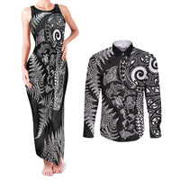 New Zealand Sea Animals Couples Matching Tank Maxi Dress and Long Sleeve Button Shirt with Maori Koru Tribal Tattoo and Silver Ferns Black Color LT03 Black - Polynesian Pride