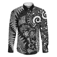 New Zealand Sea Animals Family Matching Long Sleeve Bodycon Dress and Hawaiian Shirt with Maori Koru Tribal Tattoo and Silver Ferns Black Color LT03 Dad's Shirt - Long Sleeve Black - Polynesian Pride