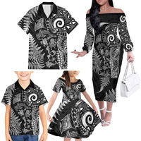 New Zealand Sea Animals Family Matching Off The Shoulder Long Sleeve Dress and Hawaiian Shirt with Maori Koru Tribal Tattoo and Silver Ferns Black Color LT03 - Polynesian Pride