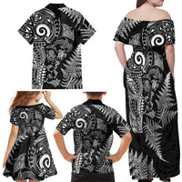 New Zealand Sea Animals Family Matching Off Shoulder Maxi Dress and Hawaiian Shirt with Maori Koru Tribal Tattoo and Silver Ferns Black Color LT03 - Polynesian Pride