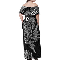 New Zealand Sea Animals Family Matching Off Shoulder Maxi Dress and Hawaiian Shirt with Maori Koru Tribal Tattoo and Silver Ferns Black Color LT03 - Polynesian Pride