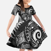 New Zealand Sea Animals Family Matching Off Shoulder Short Dress and Hawaiian Shirt with Maori Koru Tribal Tattoo and Silver Ferns Black Color LT03 Daughter's Dress Black - Polynesian Pride
