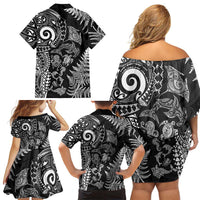 New Zealand Sea Animals Family Matching Off Shoulder Short Dress and Hawaiian Shirt with Maori Koru Tribal Tattoo and Silver Ferns Black Color LT03 - Polynesian Pride