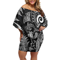 New Zealand Sea Animals Family Matching Off Shoulder Short Dress and Hawaiian Shirt with Maori Koru Tribal Tattoo and Silver Ferns Black Color LT03 Mom's Dress Black - Polynesian Pride