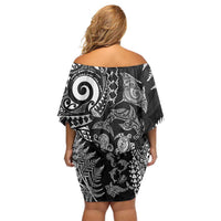 New Zealand Sea Animals Family Matching Off Shoulder Short Dress and Hawaiian Shirt with Maori Koru Tribal Tattoo and Silver Ferns Black Color LT03 - Polynesian Pride