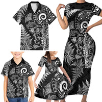 New Zealand Sea Animals Family Matching Short Sleeve Bodycon Dress and Hawaiian Shirt with Maori Koru Tribal Tattoo and Silver Ferns Black Color LT03 - Polynesian Pride