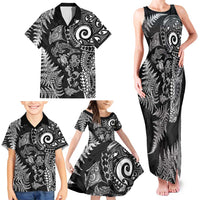 New Zealand Sea Animals Family Matching Tank Maxi Dress and Hawaiian Shirt with Maori Koru Tribal Tattoo and Silver Ferns Black Color LT03 - Polynesian Pride