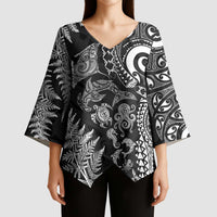 New Zealand Sea Animals Kimono Sleeve Blouse with Maori Koru Tribal Tattoo and Silver Ferns Black Color LT03 - Polynesian Pride