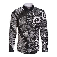 New Zealand Sea Animals Long Sleeve Button Shirt with Maori Koru Tribal Tattoo and Silver Ferns Black Color LT03 Unisex Black - Polynesian Pride