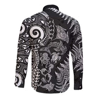 New Zealand Sea Animals Long Sleeve Button Shirt with Maori Koru Tribal Tattoo and Silver Ferns Black Color LT03 - Polynesian Pride