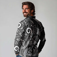 New Zealand Sea Animals Long Sleeve Polo Shirt with Maori Koru Tribal Tattoo and Silver Ferns Black Color LT03 - Polynesian Pride