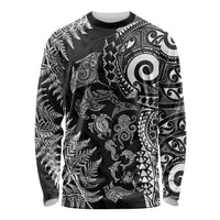 New Zealand Sea Animals Long Sleeve Shirt with Maori Koru Tribal Tattoo and Silver Ferns Black Color LT03 Unisex Black - Polynesian Pride
