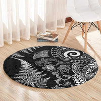 New Zealand Sea Animals Round Carpet with Maori Koru Tribal Tattoo and Silver Ferns Black Color LT03 - Polynesian Pride