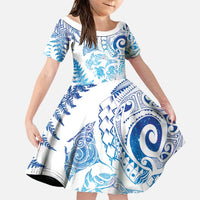 New Zealand Sea Animals Family Matching Off Shoulder Short Dress and Hawaiian Shirt with Maori Koru Tribal Tattoo and Silver Ferns Galaxy Style LT03 Daughter's Dress Multicolor - Polynesian Pride