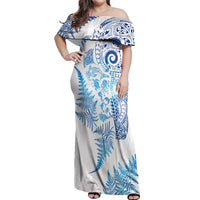 New Zealand Sea Animals Off Shoulder Maxi Dress with Maori Koru Tribal Tattoo and Silver Ferns Galaxy Style LT03 Women Multicolor - Polynesian Pride