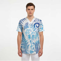 New Zealand Sea Animals Scrub Top with Maori Koru Tribal Tattoo and Silver Ferns Galaxy Style