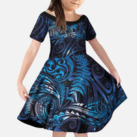 New Zealand New Year-Matariki Family Matching Off The Shoulder Long Sleeve Dress and Hawaiian Shirt Aotearoa Maori Tattoo Galaxy Sky LT03 Daughter's Dress Multicolor - Polynesian Pride