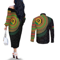 Vanuatu Tribal Tattoo with Namele Leaves Couples Matching Off The Shoulder Long Sleeve Dress and Long Sleeve Button Shirt