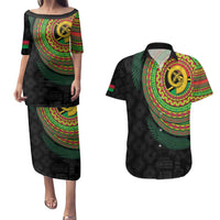 Vanuatu Tribal Tattoo with Namele Leaves Couples Matching Puletasi and Hawaiian Shirt