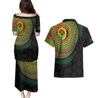 Vanuatu Tribal Tattoo with Namele Leaves Couples Matching Puletasi and Hawaiian Shirt