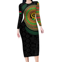 Vanuatu Tribal Tattoo with Namele Leaves Family Matching Long Sleeve Bodycon Dress and Hawaiian Shirt LT03 Mom's Dress Black - Polynesian Pride